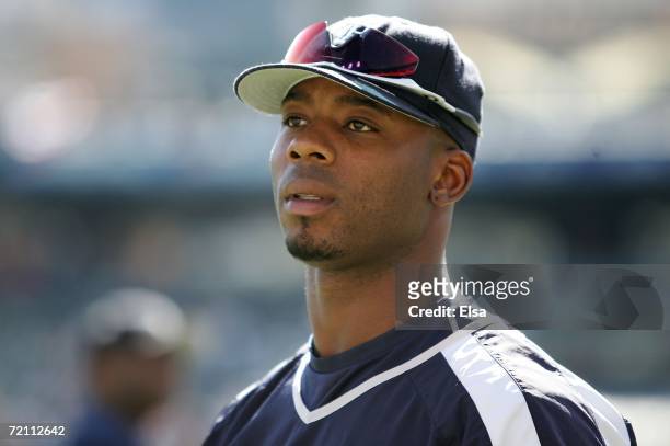 Craig Monroe of the Detroit Tigers is seen during warm-ups prior to the start of Game Four of the 2006 American League Division Series against the...