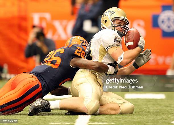 Syracuse, New York Wide receiver Mike Buches of the Pittsburgh Panthers makes a catch against Dowayne Davis of the Syracuse University Orange at the...