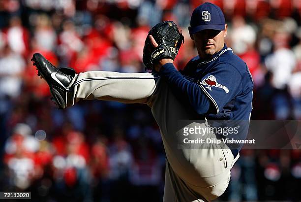 Relief pitcher Trevor Hoffman of the San Diego Padres pitches against the St. Louis Cardinals in Game Three of the National League Division Series at...