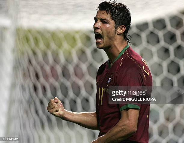 Portugal's player Cristiano Ronaldo celebrates after scoring a third goal against Azerbaijan during the Euro 2008 qualifying Group A football match...