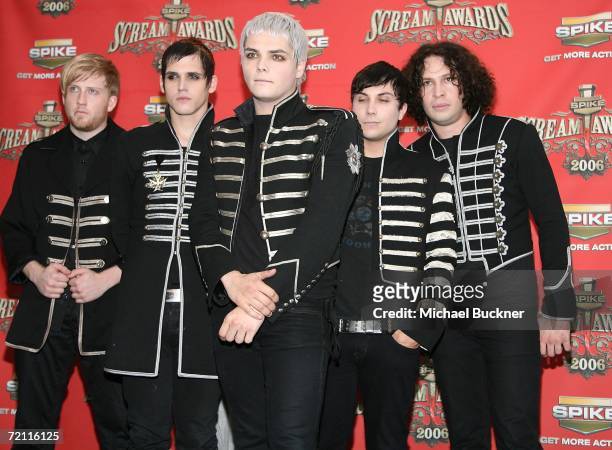 The band My Chemical Romance pose in the press room for Spike TV's "Scream Awards 2006" at the Pantages Theatre on October 7, 2006 in Los Angeles,...