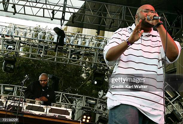 Chief Xcel and Gift of Gab of Blackalicious performs at the first annual "LA Weekly Detour Music Festival" on October 7 on the streets of downtown...