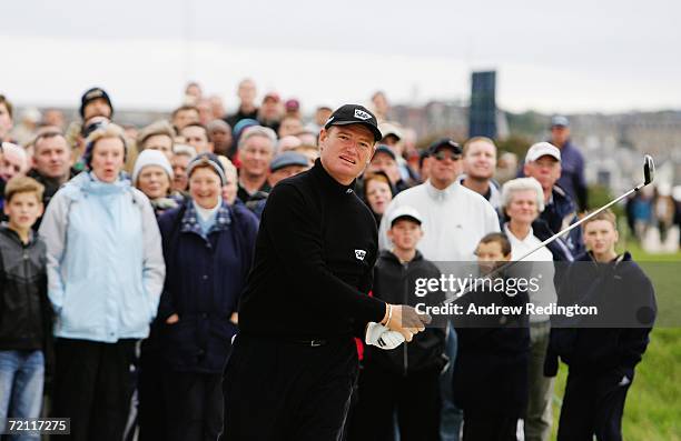 Ernie Els of South Africa plays his second shot on the 5th hole from a pathway during the Final Round of The Alfred Dunhill Links Championship at The...