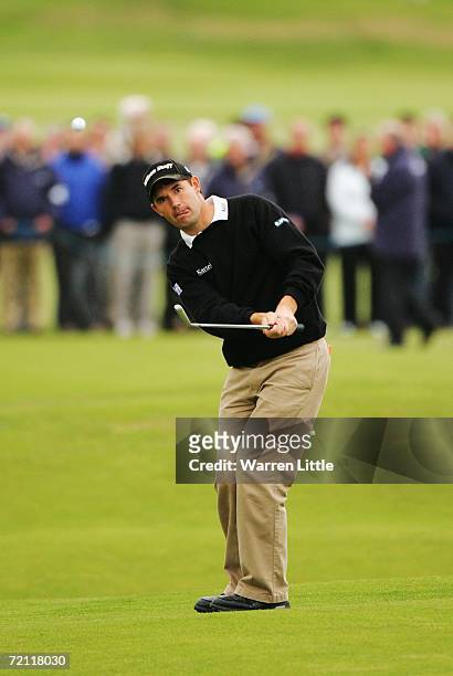 Padraig Harrington of Ireland plays his second shot at the 18th hole during the Final Round of The Alfred Dunhill Links Championship at The Old...