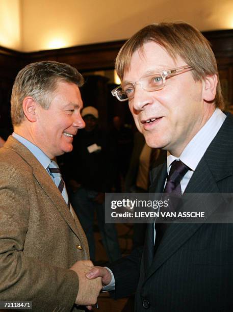 Flemmish Liberal Democrats Prime Minister Guy Verhofstadt appears with Foreign Minister Karel De Gucht , 08 October 2006 in Gent city hall on the...