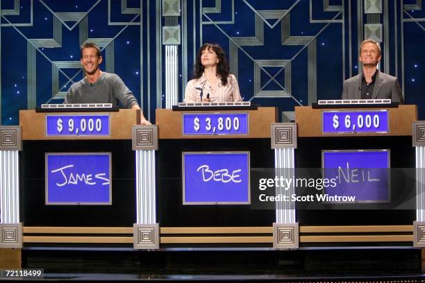 Actors James Denton, Bebe Neuwirth and Neil Patrick Harris during a rehearsal for Celebrity Jeopardy at Radio City Music Hall on October 08, 2006 in...