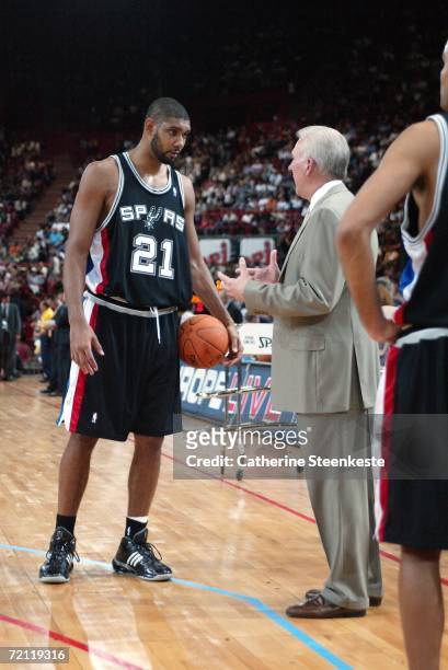 Tim Duncan and Gregg Popovich of the San Antonio Spurs talking during the Maccabi Elite Tel Aviv preseason game of the NBA Europe Live Tour presented...