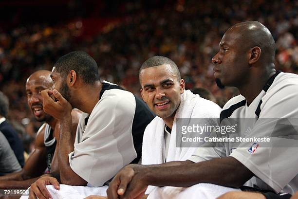 Tony Parker of the San Antonio Spurs smiles on the bench during the preseason game against Maccabi Elite Tel Aviv during the NBA Europe Live Tour...