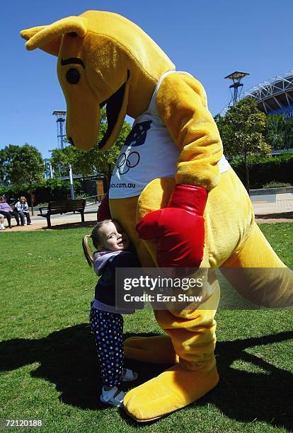The boxing kangaroo gets a hug from a fan during the 2007 Australian Youth Olympic Festival launch at Sydney Olympic Park October 9, 2006 in Sydney,...