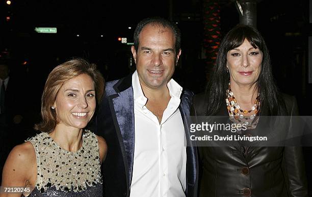 Chiara Ferragamo, Massimo Ferragamo, and Actress Anjelica Huston pose during the Rodeo Drive walk of style awards ceremony on October 8, 2006 in...