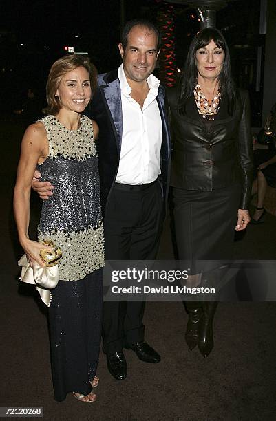 Chiara Ferragamo, Massimo Ferragamo, and Actress Anjelica Huston pose during the Rodeo Drive walk of style awards ceremony on October 8, 2006 in...