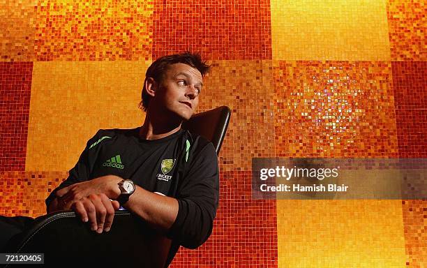 Adam Gilchrist of Australia poses for a photo after speaking to the media at Le Meridien Hotel on October 9 in Delhi, India.