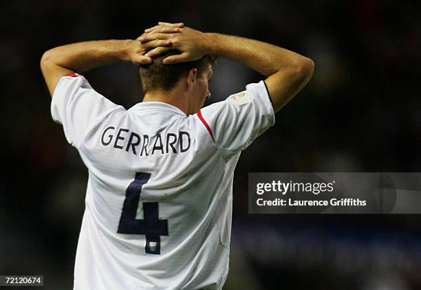 Steven Gerrard of England looks dejected during the Euro 2008 Qualifying match between England and Macedonia at Old Trafford on October 7, 2006 in...