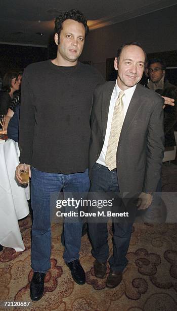Vince Vaughn and Kevin Spacey attend the '24 Hour Plays' gala party at the Riverbank Plaza Hotel after the performance at the Old Vic Theatre on...