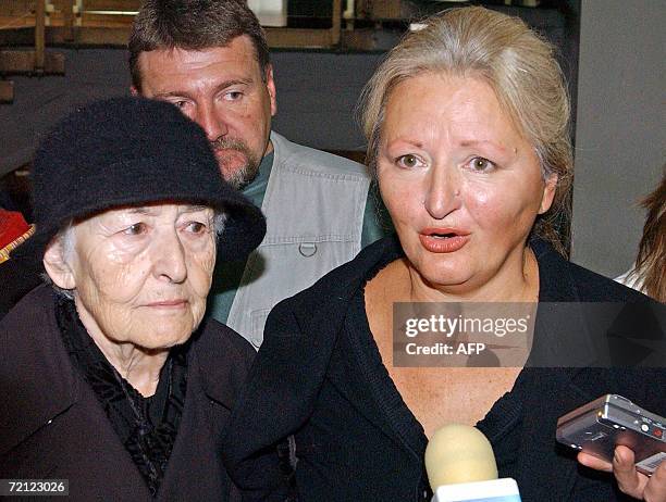 The sister of Zeljko Raznatovic Arkan, Jasna Diklic and mother Slavka Raznatovic , give a statement following the verdict announcement of the...