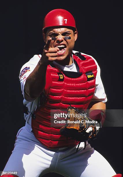 Catcher Ivan Pudge Rodriguez in The Ballpark at Arlington in 1997 in Arlington, Texas.