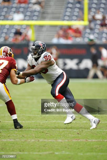 Defensive end Mario Williams of the Houston Texans rushes the quarterback during a game against the Washington Redskins at Reliant Stadium on...