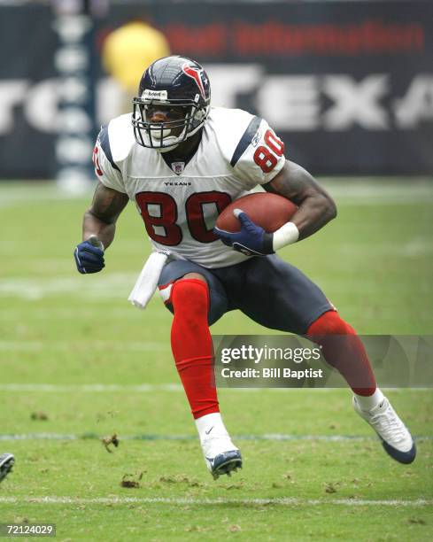 Wide Receiver Andre Johnson of the Houston Texans runs after a catch during a game against the Washington Redskins at Reliant Stadium on September...