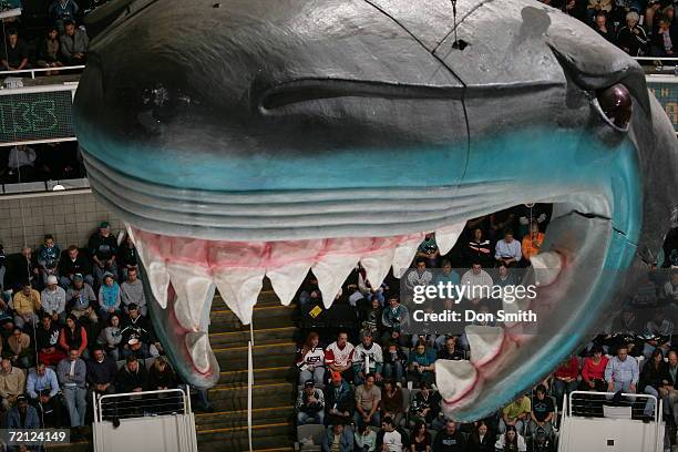 The Sharks head hangs from the rafters during a game between the San Jose Sharks and the St. Louis Blues on October 5, 2006 at the HP Pavilion in San...