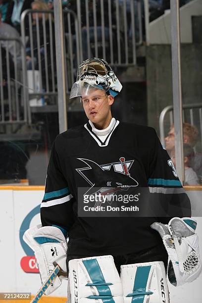 Vesa Toskala of the San Jose Sharks looks on during a game against the St. Louis Blues on October 5, 2006 at the HP Pavilion in San Jose, California....