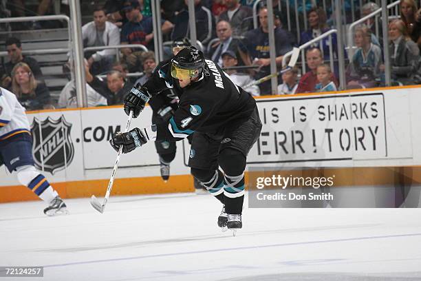 Kyle McLaren of the San Jose Sharks passes the puck during a game against the St. Louis Blues on October 5, 2006 at the HP Pavilion in San Jose,...