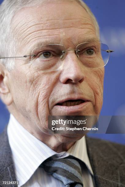 Edmund S. Phelps, Vickar Professor of Political Economy at Columbia University, speaks during a news conference October 9, 2006 at Columbia...