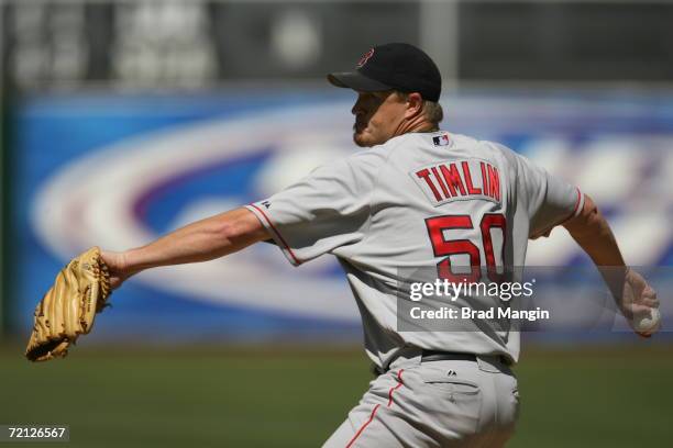 Mike Timlin of the Boston Red Sox pitches during the game against the Oakland Athletics at the Network Associates Coliseum in Oakland, California on...