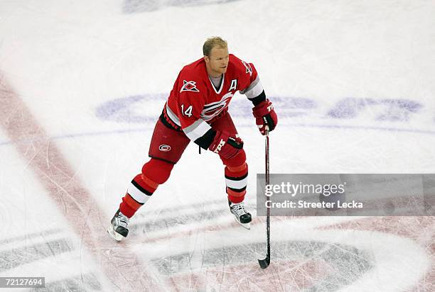 Kevyn Adams of the Carolina Hurricanes skates before their preseason game against the Columbus Blue Jackets on September 29, 2006 at the RBC Center...