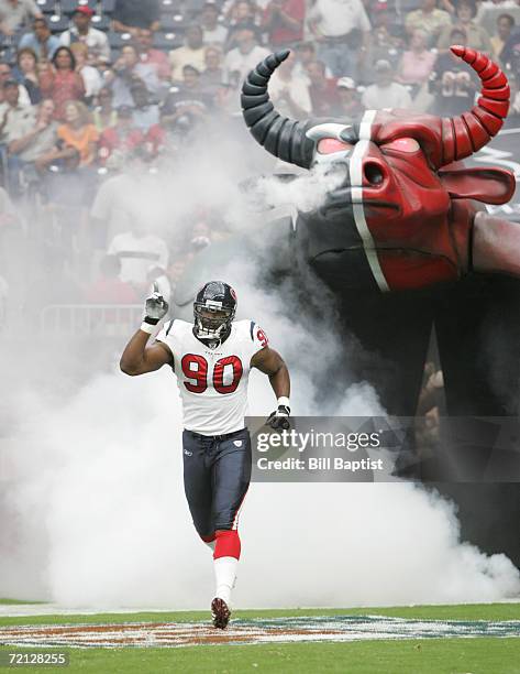 Defensive end Mario Williams of the Houston Texans is introduced before a game against the Miami Dolphins at Reliant Stadium on October 1, 2006 in...