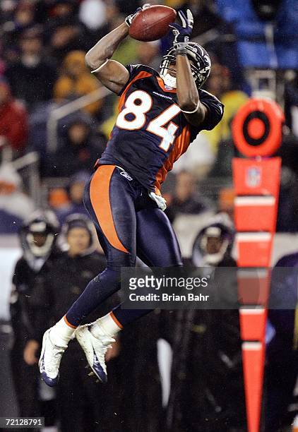 Wide receiver Javon Walker of the Denver Broncos jumps for a catch against the Baltimore Ravens on a touchdown drive in the fourth quarter on October...