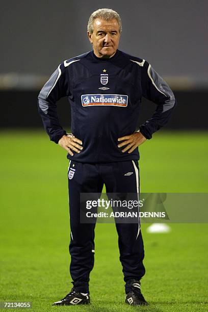 Assistant Coach Terry Venables watches as England players train on the pitch at Maksimir Stadium in Zagreb 10 October 2006. England play Croatia...