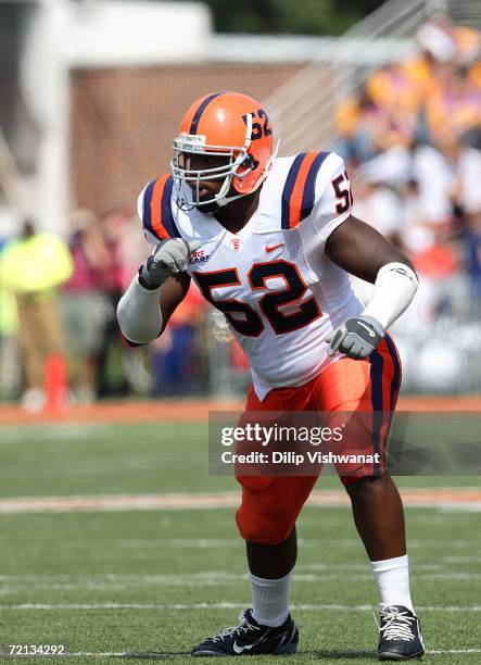 Defensive end Jameel McClain of the Syracuse Orangemen plays defense against the Illinois Fighting Illini on September 16, 2006 at Memorial Stadium...