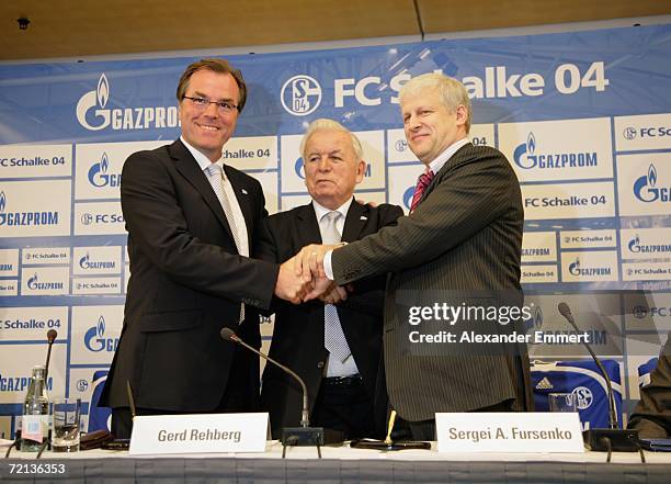 Chairman of the supervisory board of Schalke 04 Clemens Toennies, President Gerd Rehberg of Schalke 04 and President Sergej Fursenko of FC Zenith...