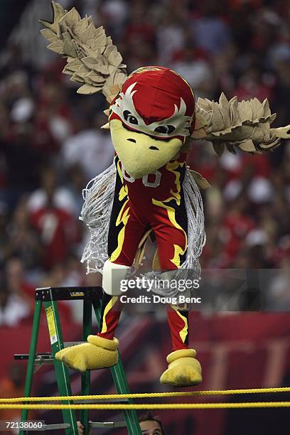 The Atlanta Falcons mascot performs during a game against the Arizona Cardinals at the Georgia Dome on October 1, 2006 in Atlanta, Georgia. The...