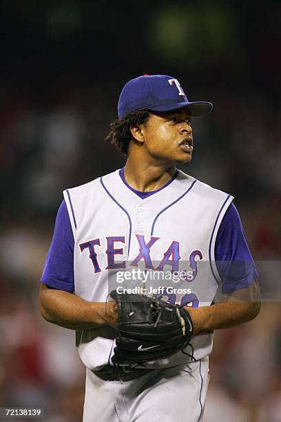 Edinson Volquez of the Texas Rangers looks on before pitching against the Los Angeles Angels of Anaheim at Angel Stadium during the game on September...