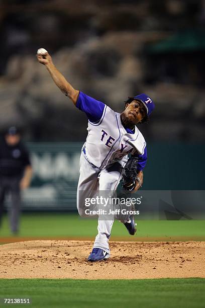 Edinson Volquez of the Texas Rangers pitches the ball against the Los Angeles Angels of Anaheim at Angel Stadium during the game on September 25,...