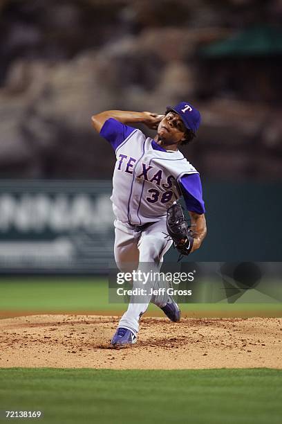 Edinson Volquez of the Texas Rangers pitches the ball against the Los Angeles Angels of Anaheim at Angel Stadium during the game on September 25,...