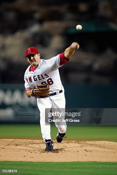 Joe Saunders of the Los Angeles Angels of Anaheim pitches the ball against the Texas Rangers at Angel Stadium during the game on September 25, 2006...