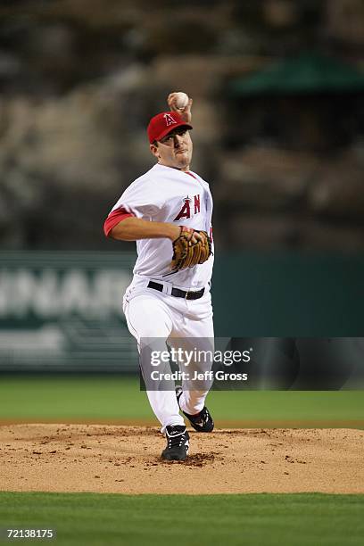 Joe Saunders of the Los Angeles Angels of Anaheim pitches the ball against the Texas Rangers at Angel Stadium during the game on September 25, 2006...