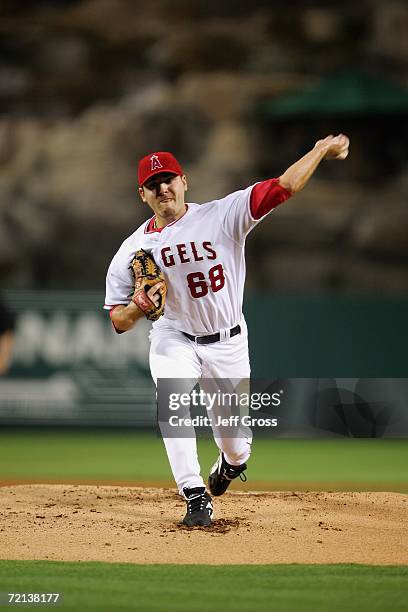 Joe Saunders of the Los Angeles Angels of Anaheim pitches the ball against the Texas Rangers at Angel Stadium during the game on September 25, 2006...