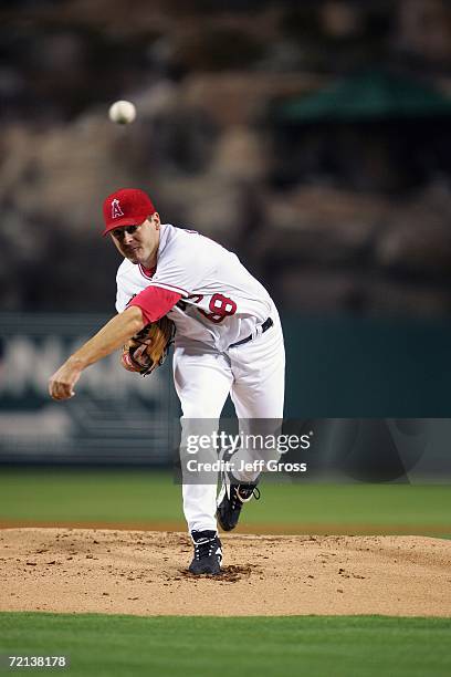 Joe Saunders of the Los Angeles Angels of Anaheim pitches the ball against the Texas Rangers at Angel Stadium during the game on September 25, 2006...