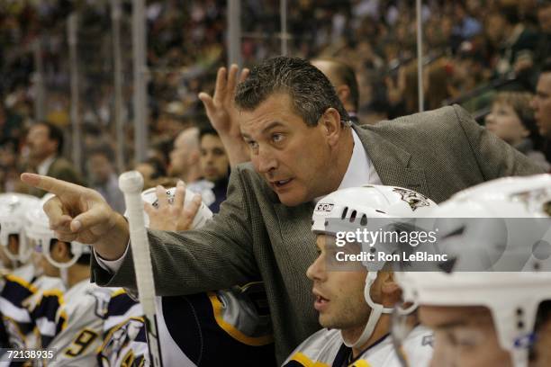 Assistant coach Peter Horachek of the Nashville Predators gives instructions during a game against the Minnesota Wild at Xcel Energy Center on...