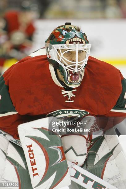 Manny Fernandez of the Minnesota Wild tends goal during a game against the Nashville Predators at Xcel Energy Center on October 7, 2006 in Saint...