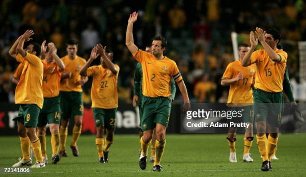 Lucas Neill and the other Socceroos applaud the crowd after the Asian Football Confederation Asian Cup 2007 qualifying match between Australia and...
