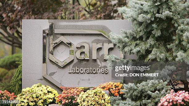 Pomona, UNITED STATES: A photograph of the Barr Pharmaceuticals logo is shown at the corporate headquarters 11 October, 2006 in Pomona, New York. The...