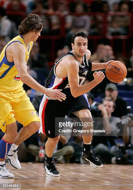 Manu Ginobili of the San Antonio Spurs brings the ball upcourt in the game against Maccabi Elite Tel Aviv during the NBA Europe Live Tour presented...