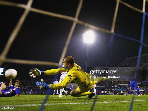 Paul Robinson of England saves from Niko Kranjcar of Croatia during the Group E Euro2008 qualifying match between Croatia and England at the Maksimir...