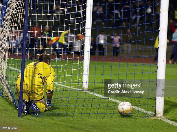 Paul Robinson of England sits in the back of the net dejected after conceding the first goal during the Euro2008 Qualifier match between Croatia and...