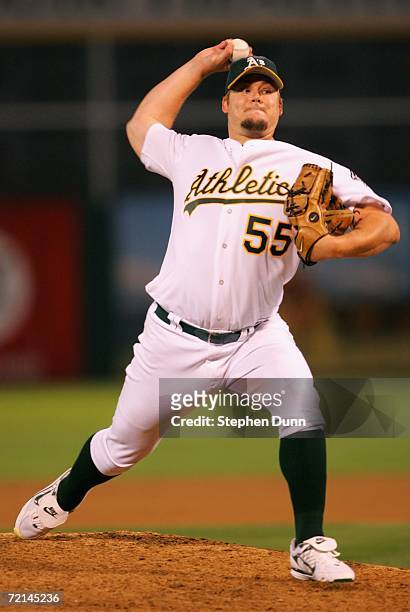 Releif pitcher Joe Blanton of the Oakland Athletics pitches against the Detroit Tigers during Game One of the American League Championship Series on...