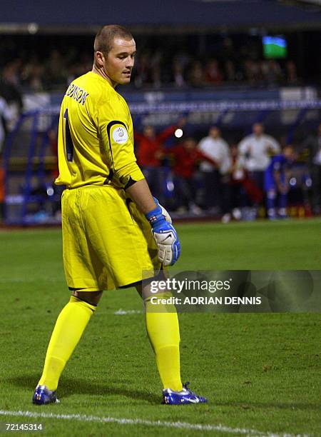 England's goalkeeper Paul Robinson looks at the ground after missing a kick which then rolled into the goal for Croatia's second goal during the Euro...